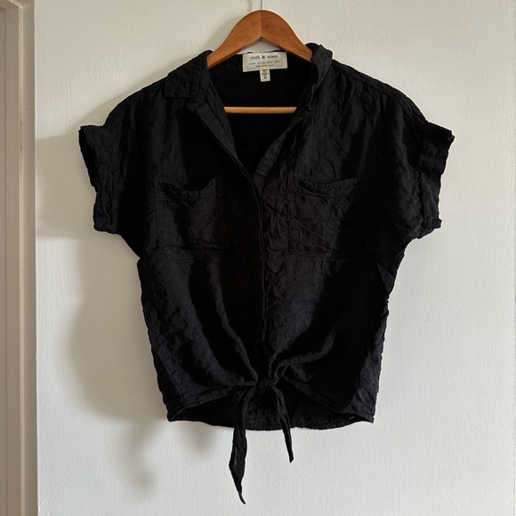 Anthropologie Cloth And Stone Black Liya Tie Front Crinkled Woven Top size XS - Picture 4 of 8